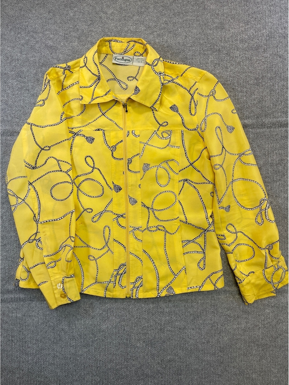 Vintage Patchington Yellow Silk Zip Up Jacket Size S Nautical Rope Print Resort
